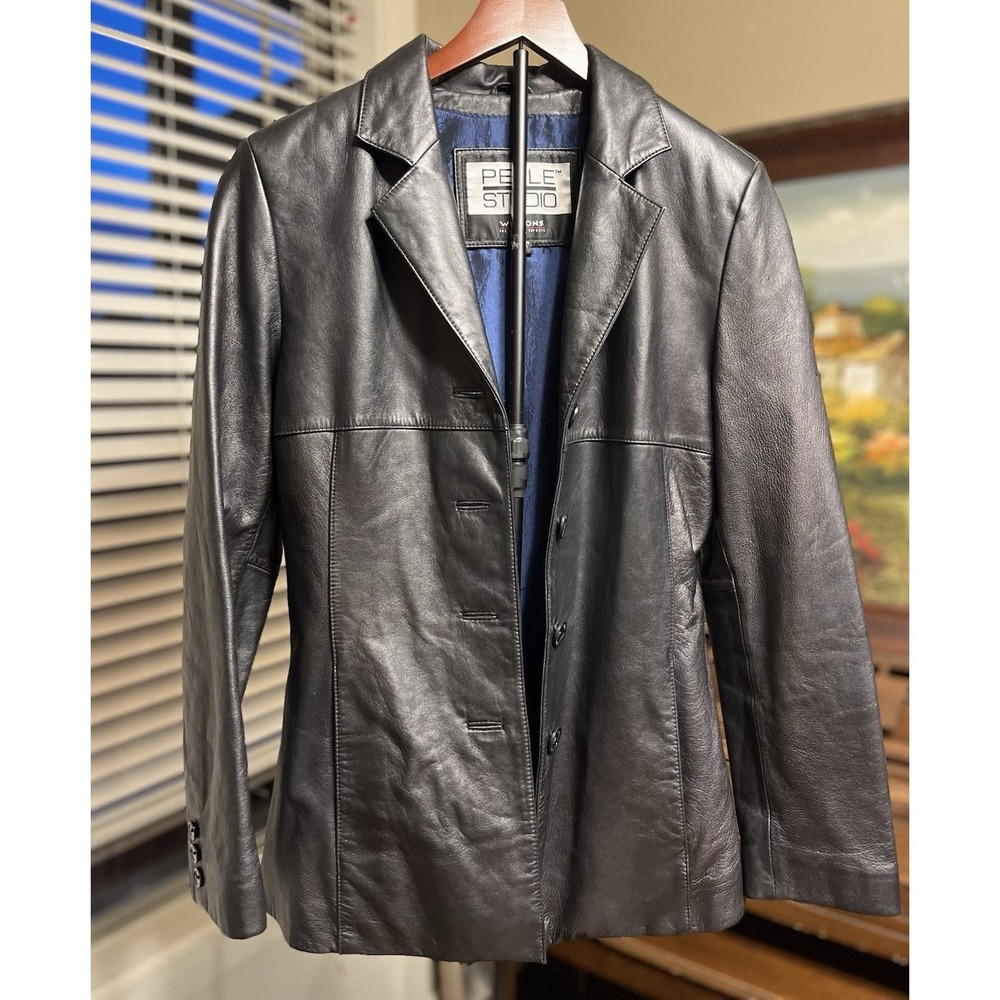 Vintage Pelle Studio Men's Black Leather BlazerButton Front Notch Collar